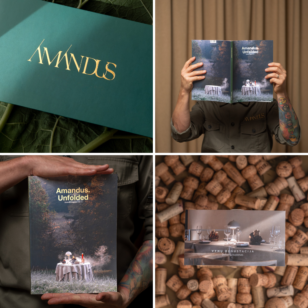 Gift set: two vouchers for a tasting dinner, wine pairing and Amandus. Unfolded magazine