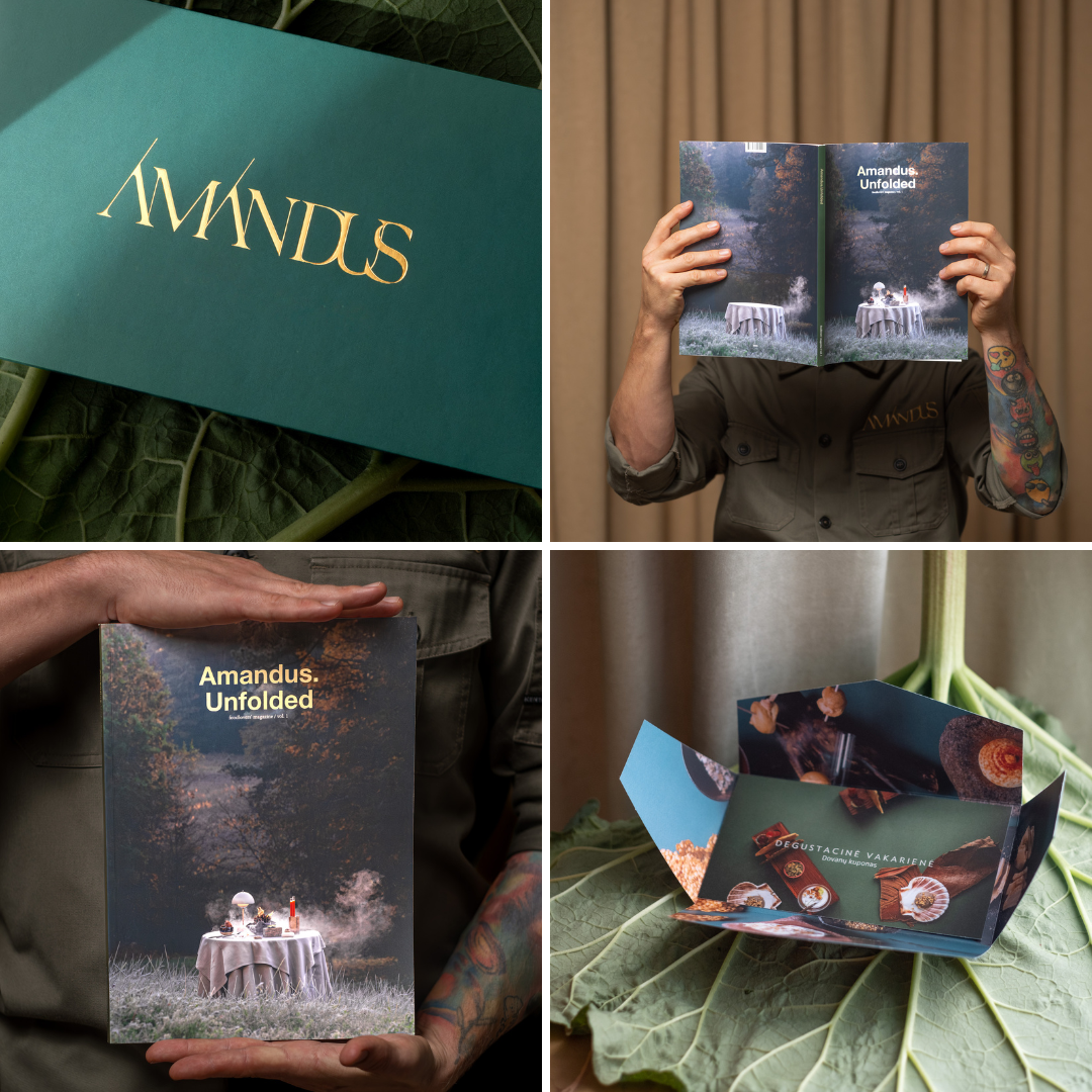 Gift set: two vouchers for a tasting dinner and Amandus. Unfolded magazine
